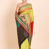 Lemon Green Ikat Silk Saree With Multicolor Border and Pallu - Anvi Couture