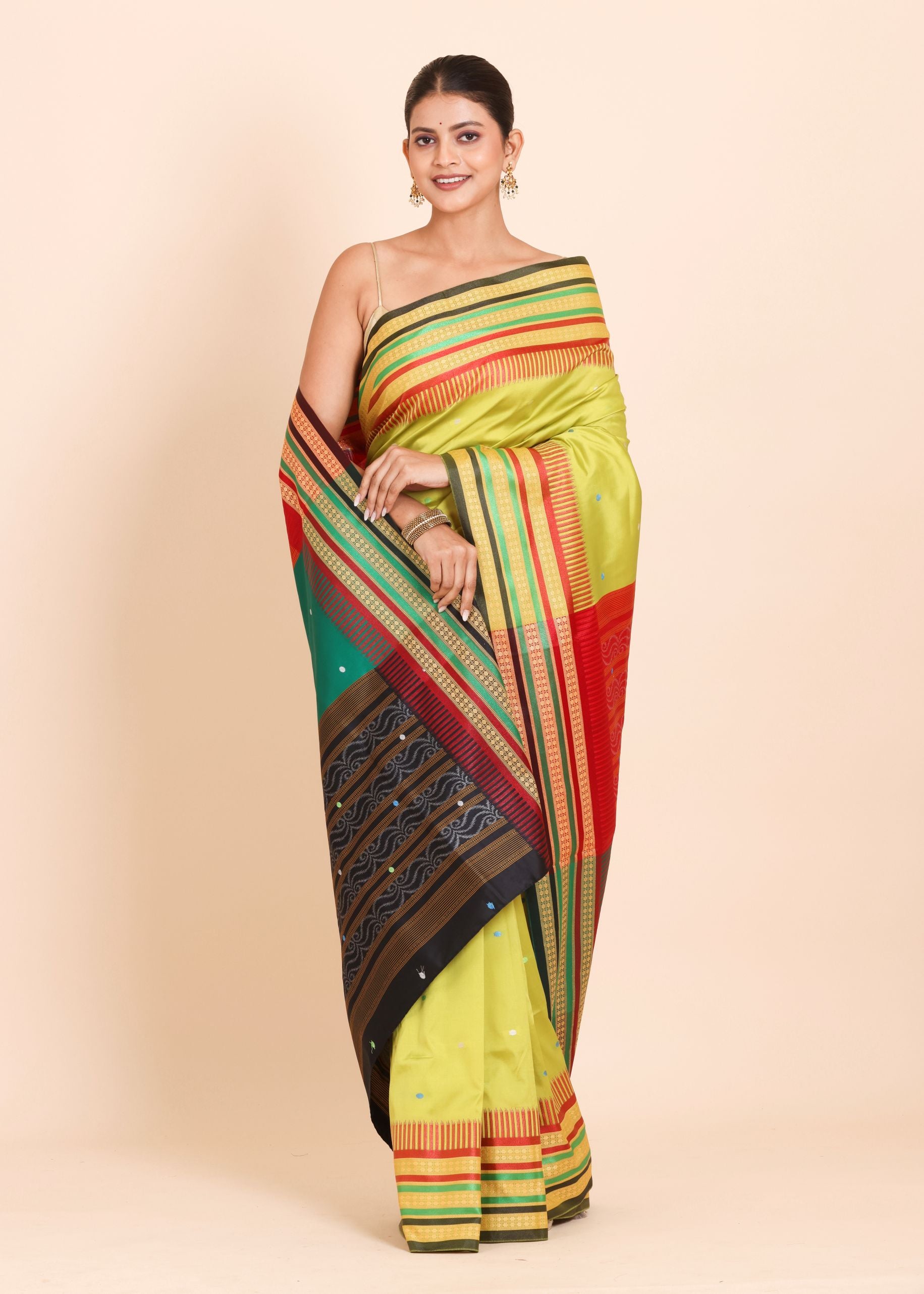Lemon Green Ikat Silk Saree With Multicolor Border and Pallu front