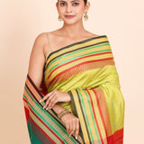 Lemon Green Ikat Silk Saree With Multicolor Border and Pallu - Anvi Couture