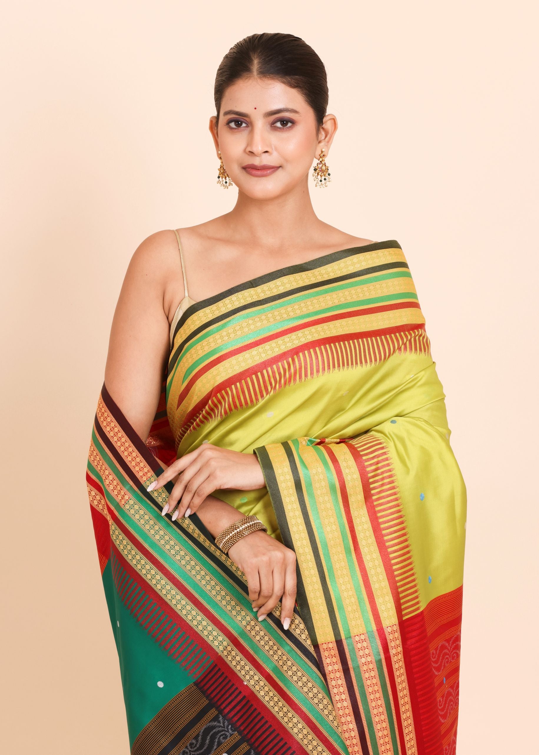 Lemon Green Ikat Silk Saree With Multicolor Border and Pallu close up