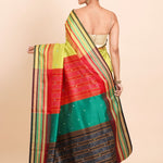 Lemon Green Ikat Silk Saree With Multicolor Border and Pallu - Anvi Couture