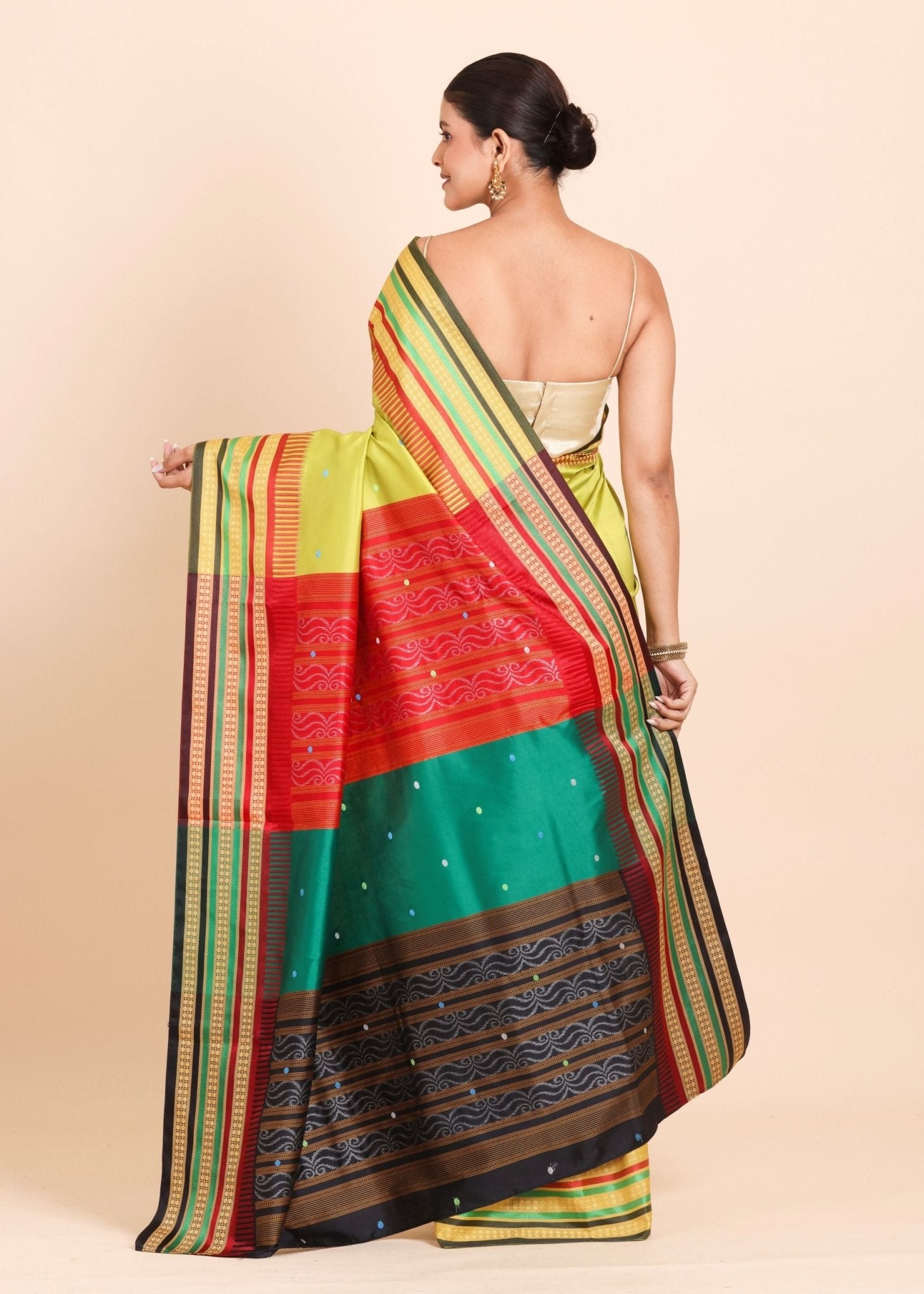Lemon Green Ikat Silk Saree With Multicolor Border and Pallu - Anvi Couture