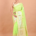 Lemon Green Temple Border Silk Saree full