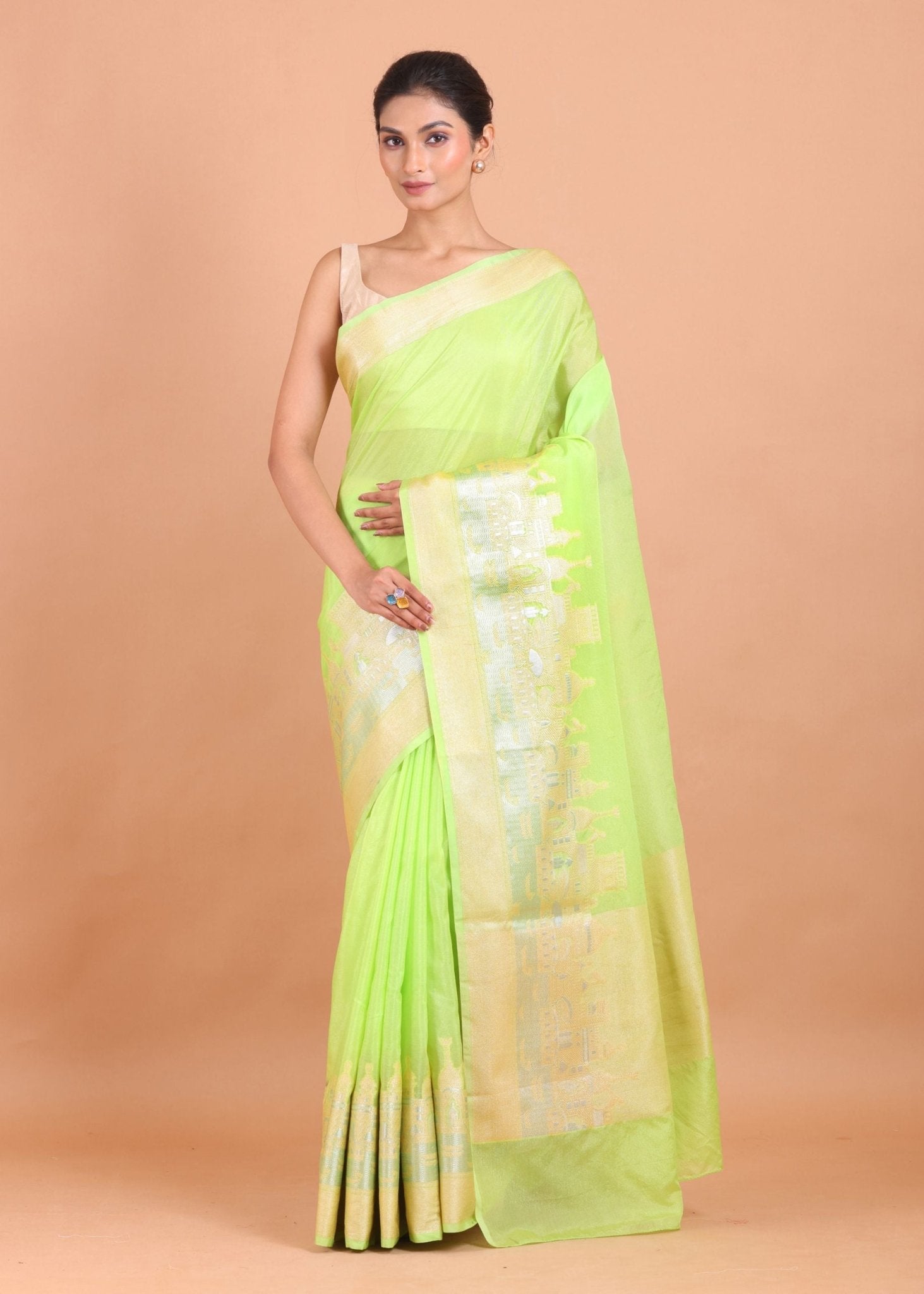 Lemon Green Temple Border Silk Saree - Anvi Couture