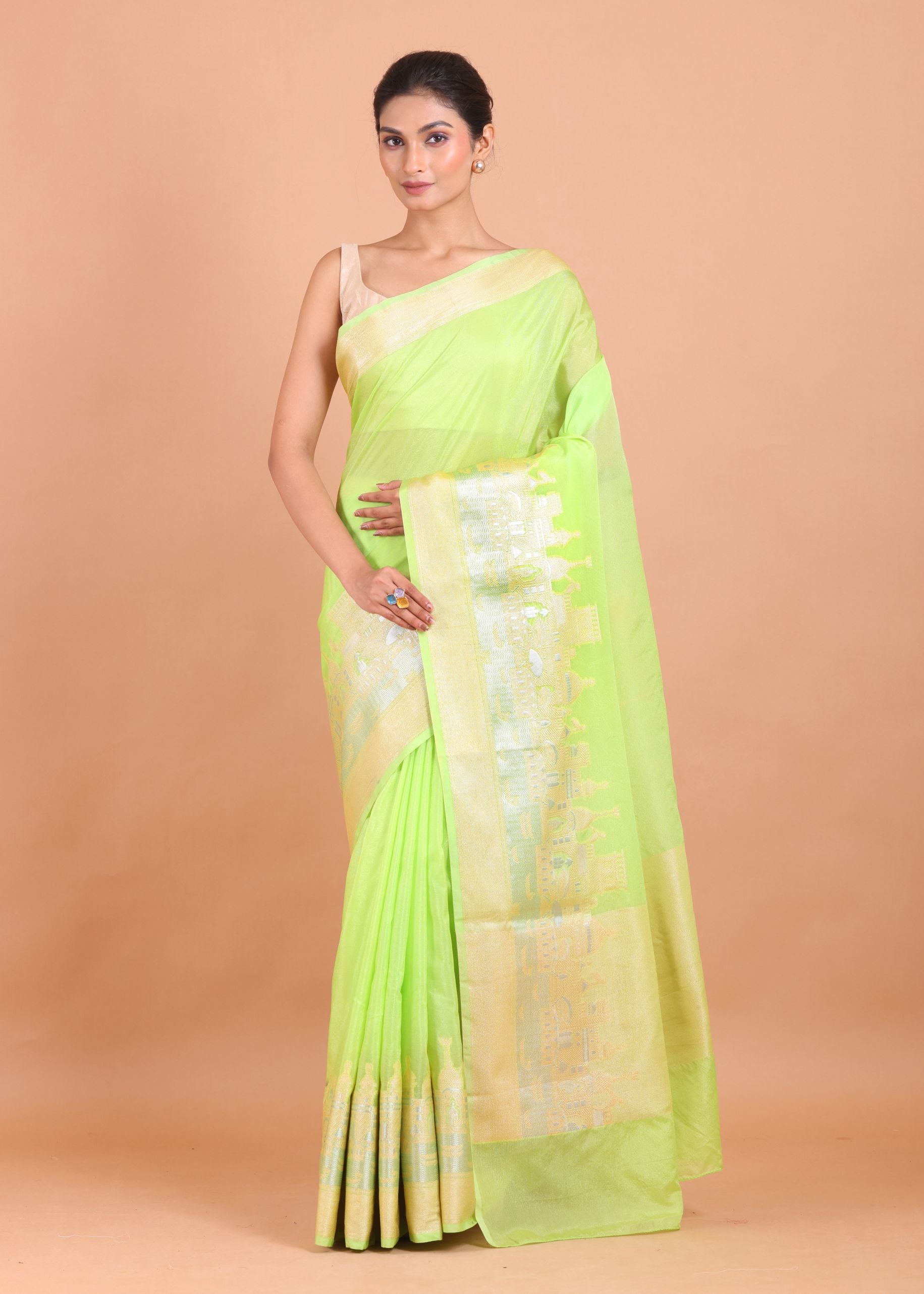Lemon Green Temple Border Silk Saree full