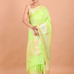 Lemon Green Temple Border Silk Saree front
