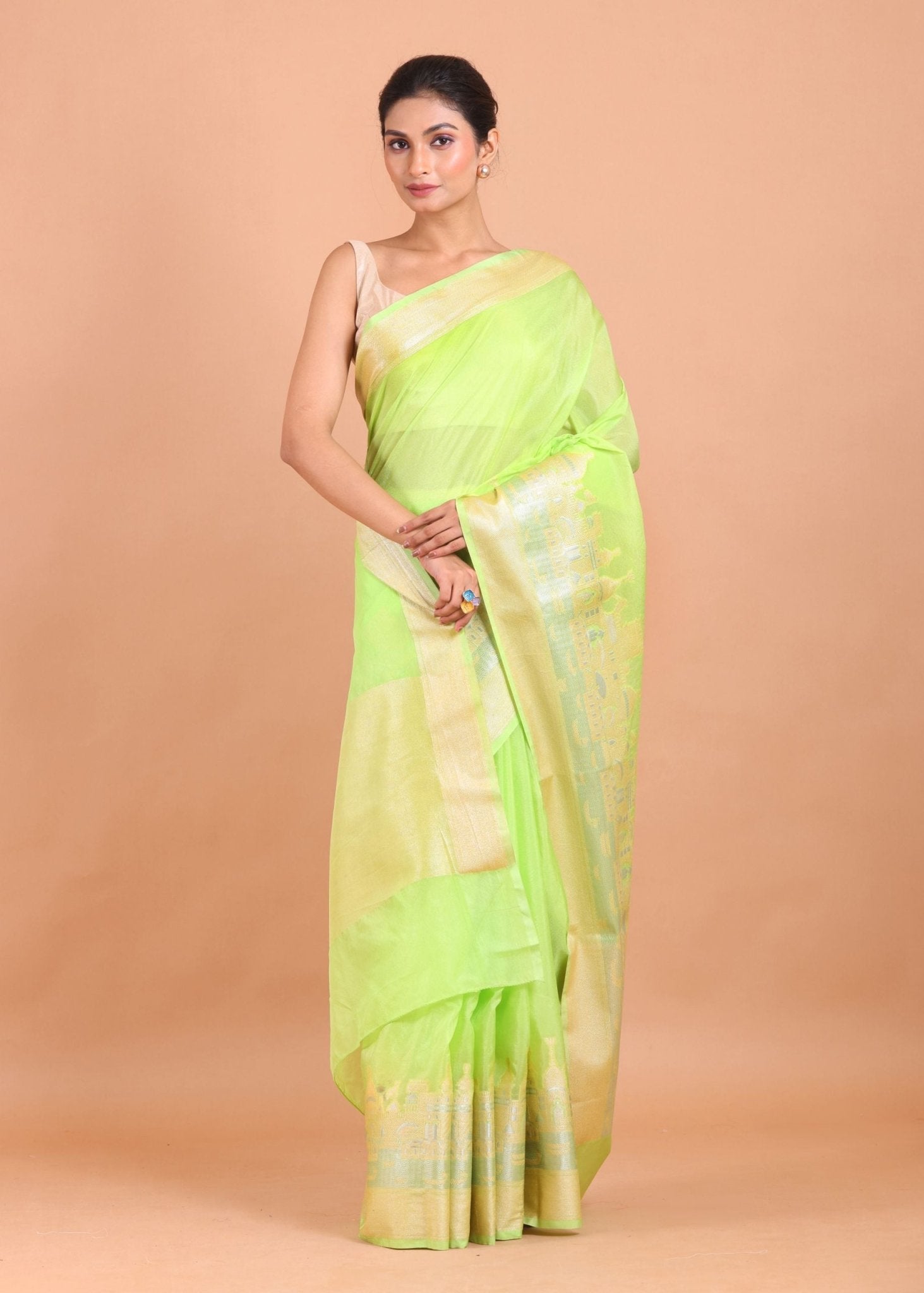 Lemon Green Temple Border Silk Saree - Anvi Couture