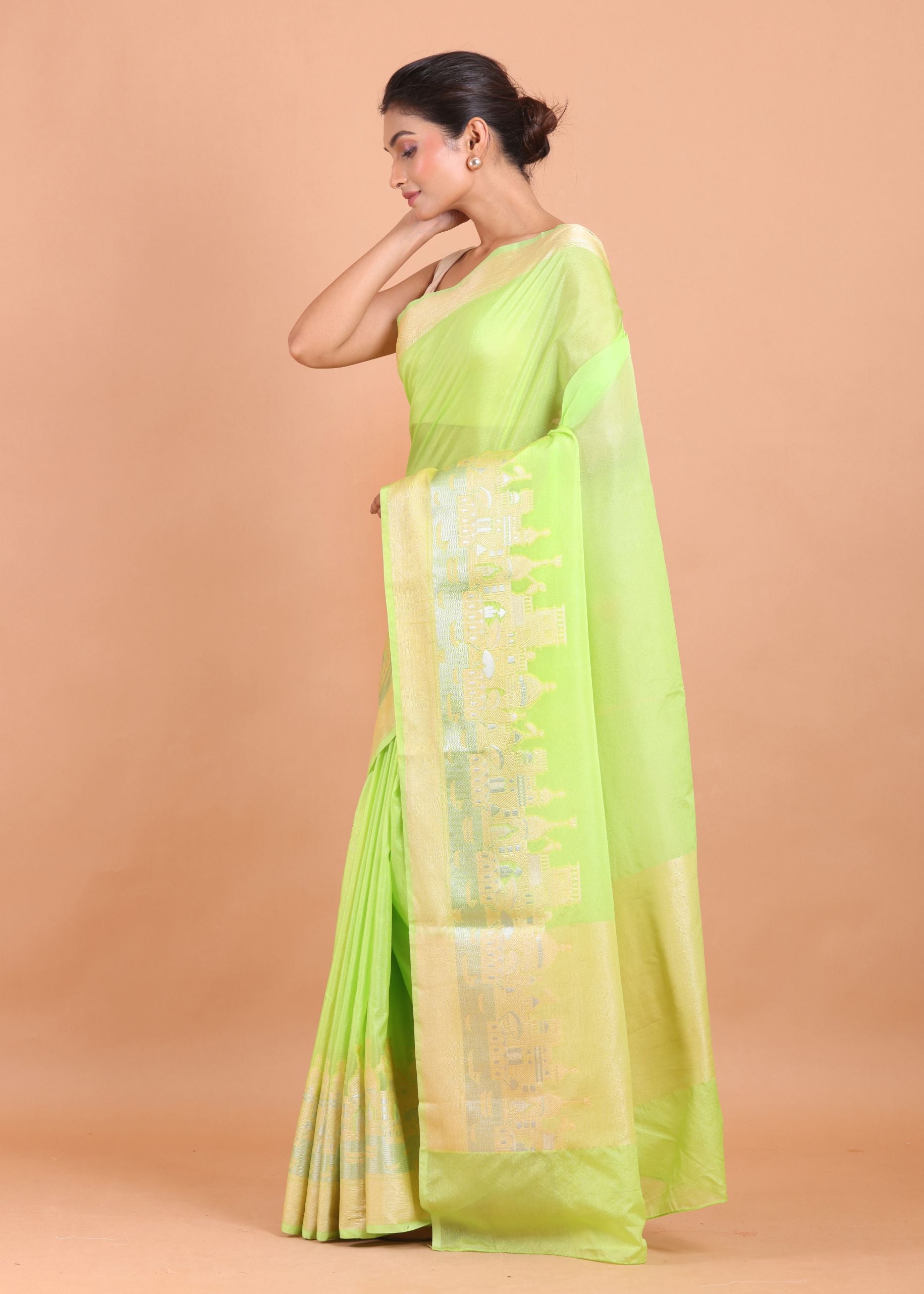 Lemon Green Temple Border Silk Saree Side