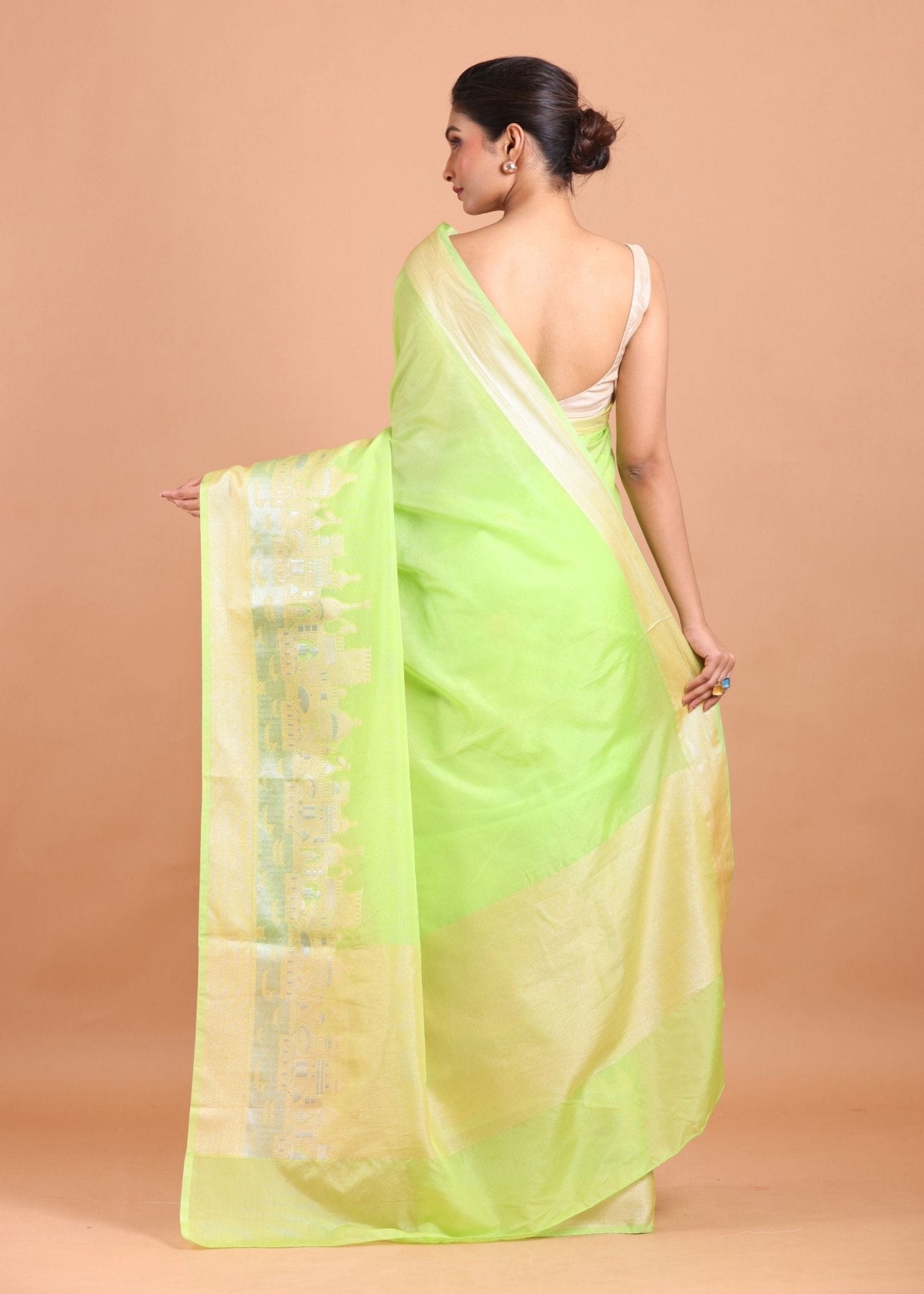 Lemon Green Temple Border Silk Saree - Anvi Couture