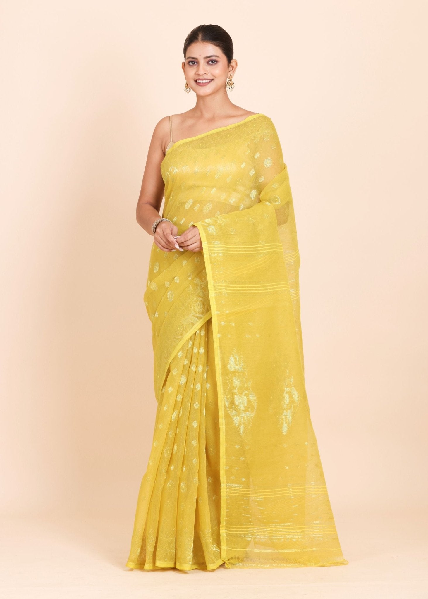Lemon Yellow Pure Bangladeshi Dhakai Jamdani Saree - Anvi Couture