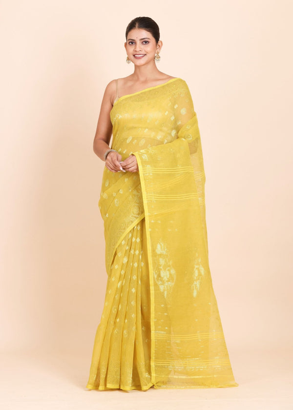 Lemon Yellow Pure Bangladeshi Dhakai Jamdani Saree - Anvi Couture