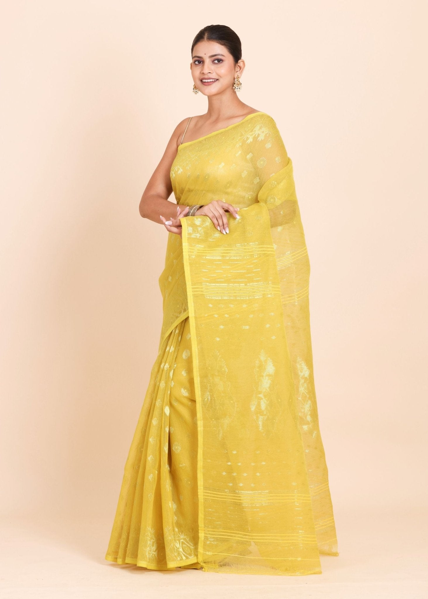 Lemon Yellow Pure Bangladeshi Dhakai Jamdani Saree - Anvi Couture