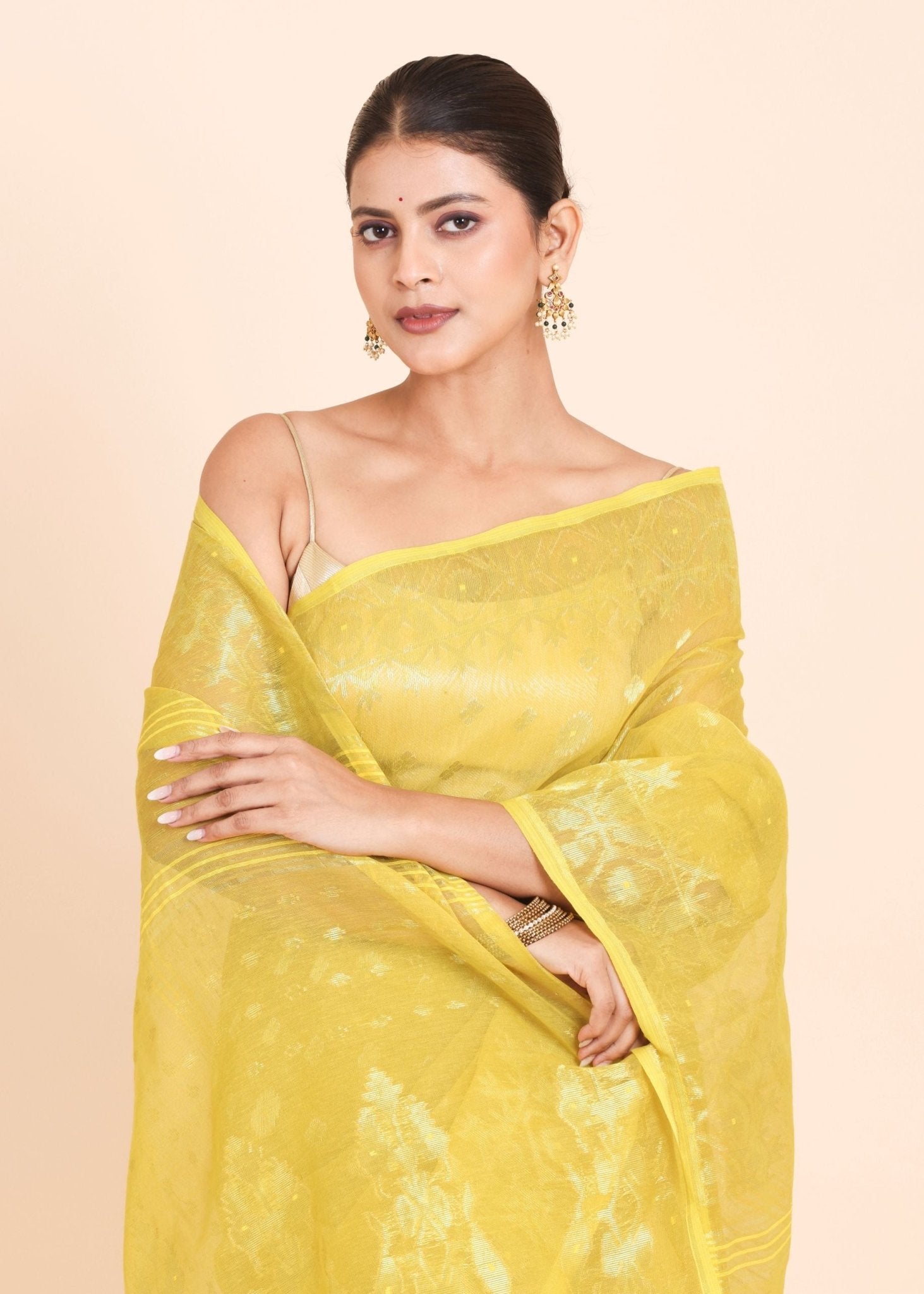Lemon Yellow Pure Bangladeshi Dhakai Jamdani Saree - Anvi Couture