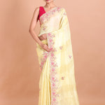 Lemon Yellow Saree with Pink Floral Embroidery work - Anvi Couture