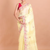 Lemon Yellow Saree with Pink Floral Embroidery work - Anvi Couture