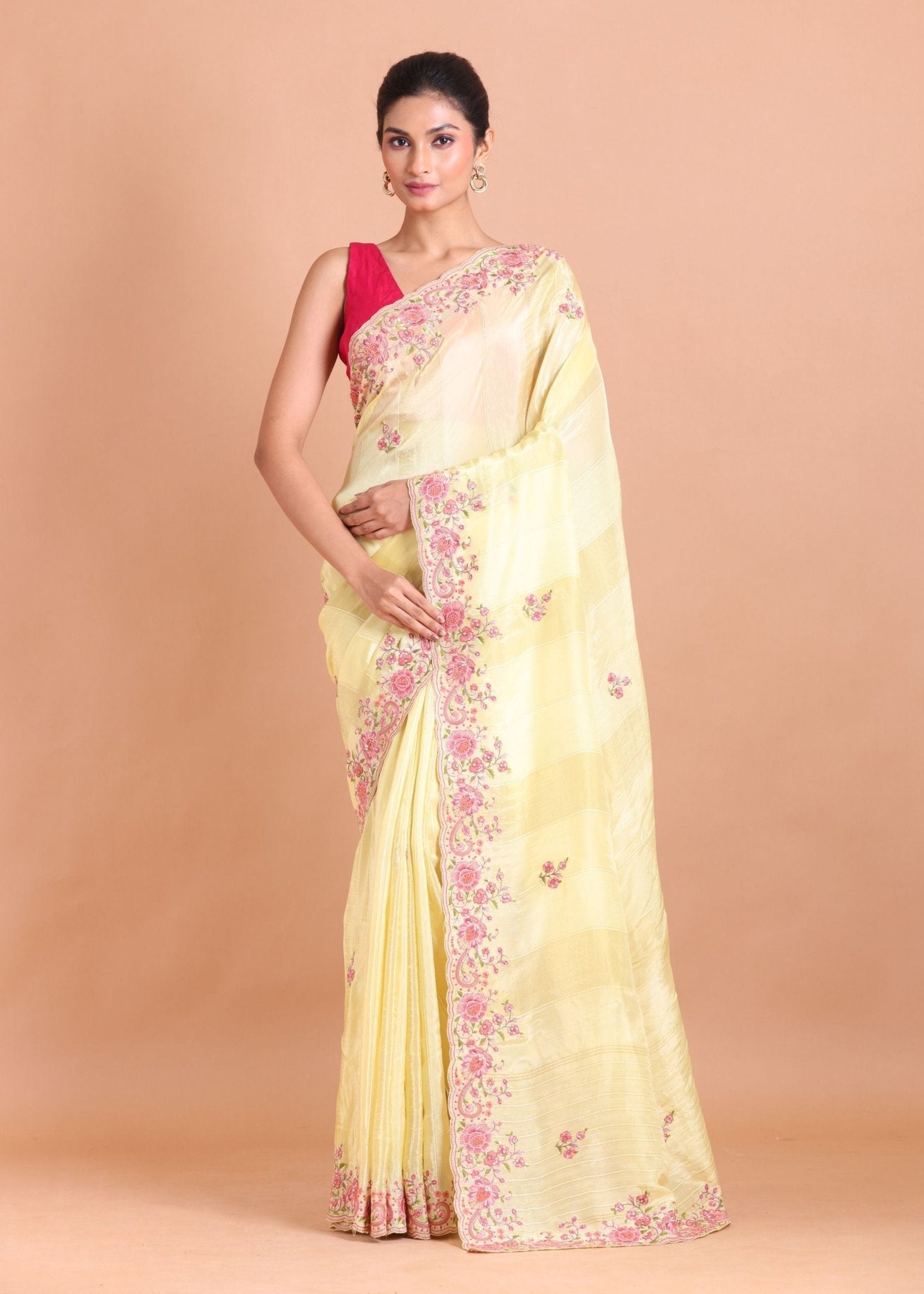 Lemon Yellow Saree with Pink Floral Embroidery work - Anvi Couture