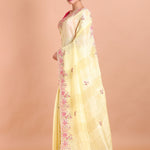 Lemon Yellow Saree with Pink Floral Embroidery work - Anvi Couture