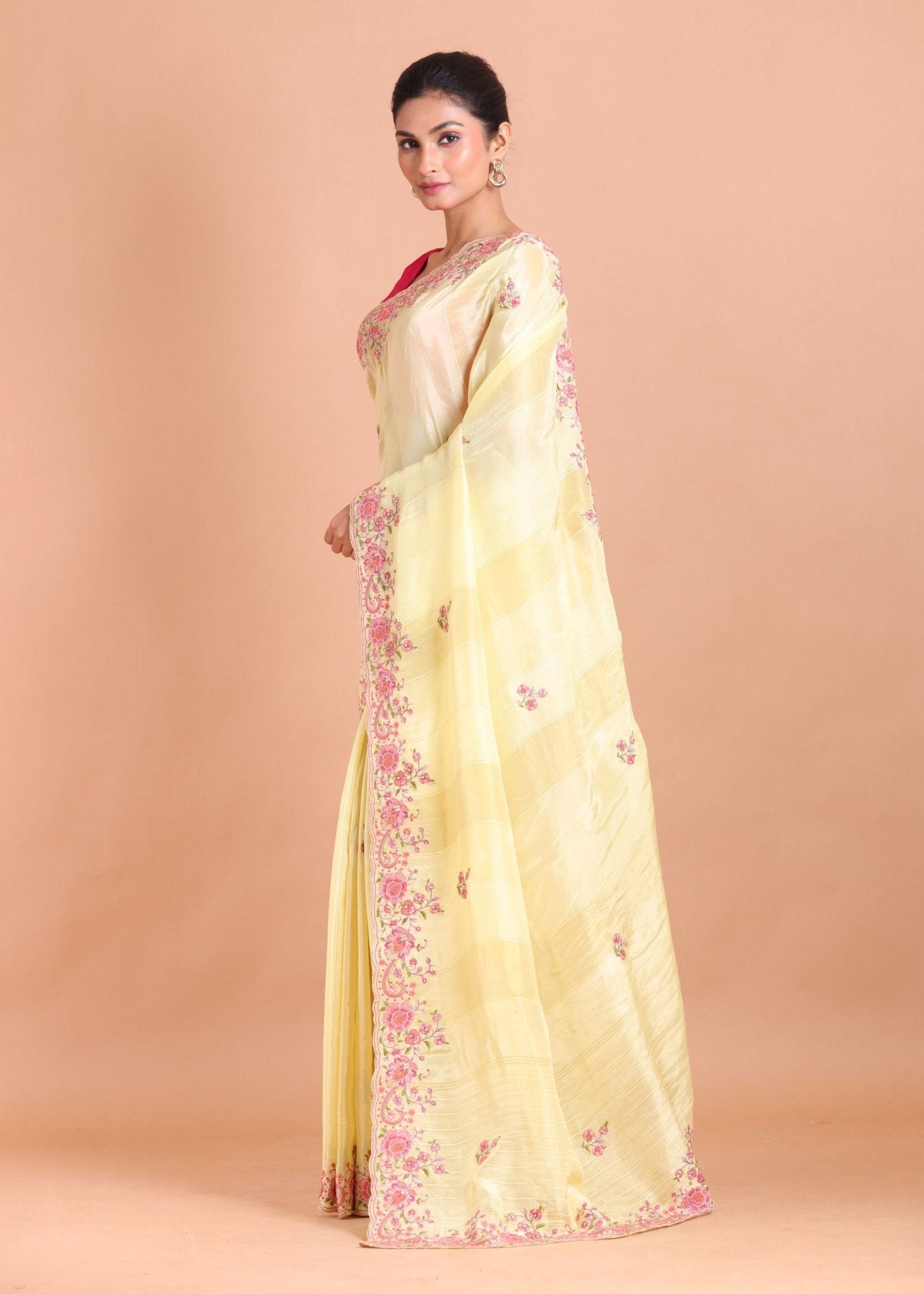 Lemon Yellow Saree with Pink Floral Embroidery work - Anvi Couture