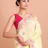 Lemon Yellow Saree with Pink Floral Embroidery work - Anvi Couture