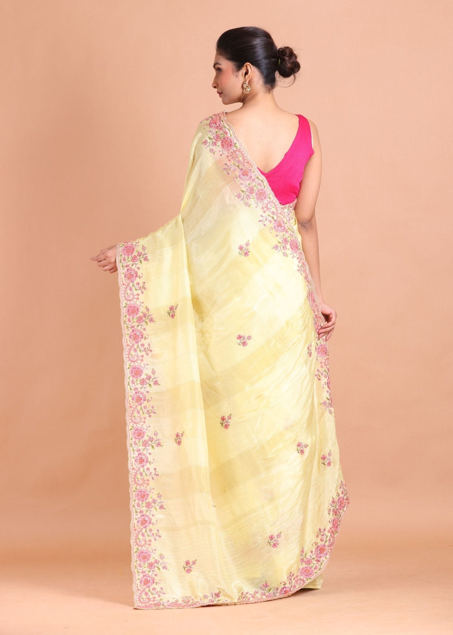 Lemon Yellow Saree with Pink Floral Embroidery work - Anvi Couture