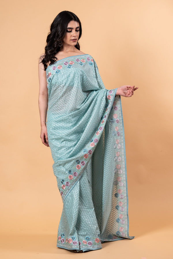 Light Blue Designer Silk Saree with all over Floral Motif embroidery and Jaal work