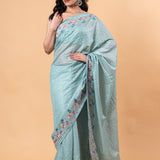 Light Blue Silk Saree with all over Floral Motif embroidery and Jaal work 
