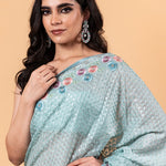 Light Blue Designer Silk Saree with all over Floral Motif embroidery and Jaal work
