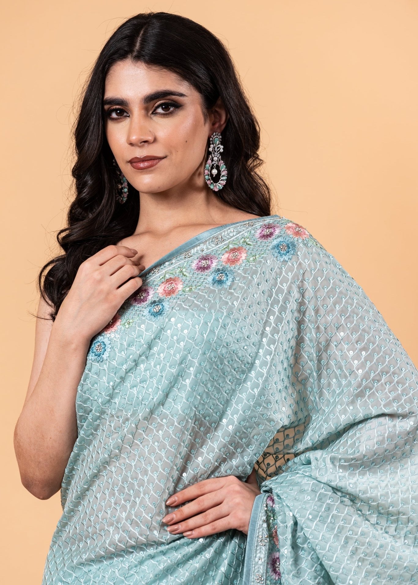 Light Blue Designer Silk Saree with all over Floral Motif embroidery and Jaal work