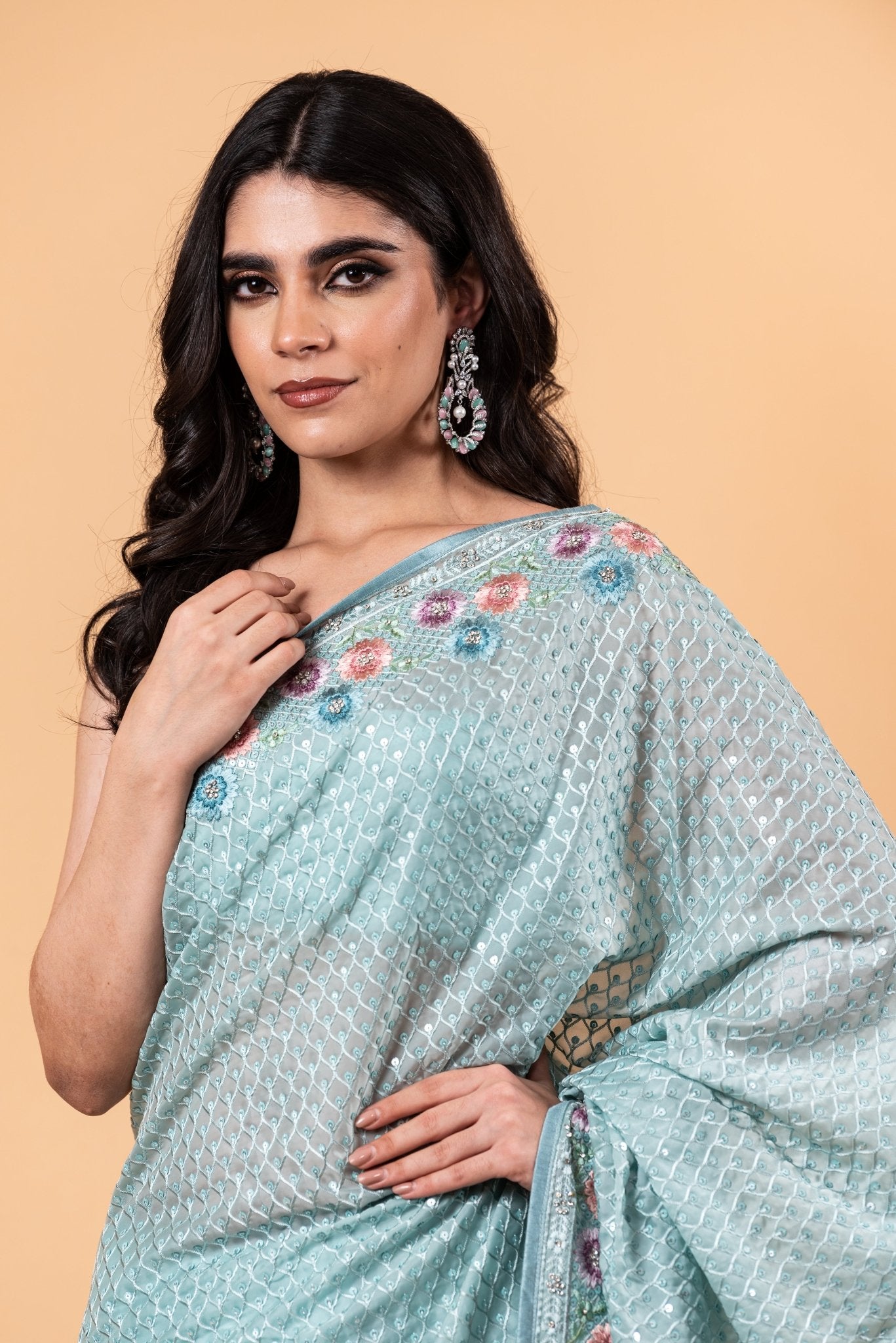 Light Blue Designer Silk Saree with all over Floral Motif embroidery and Jaal work