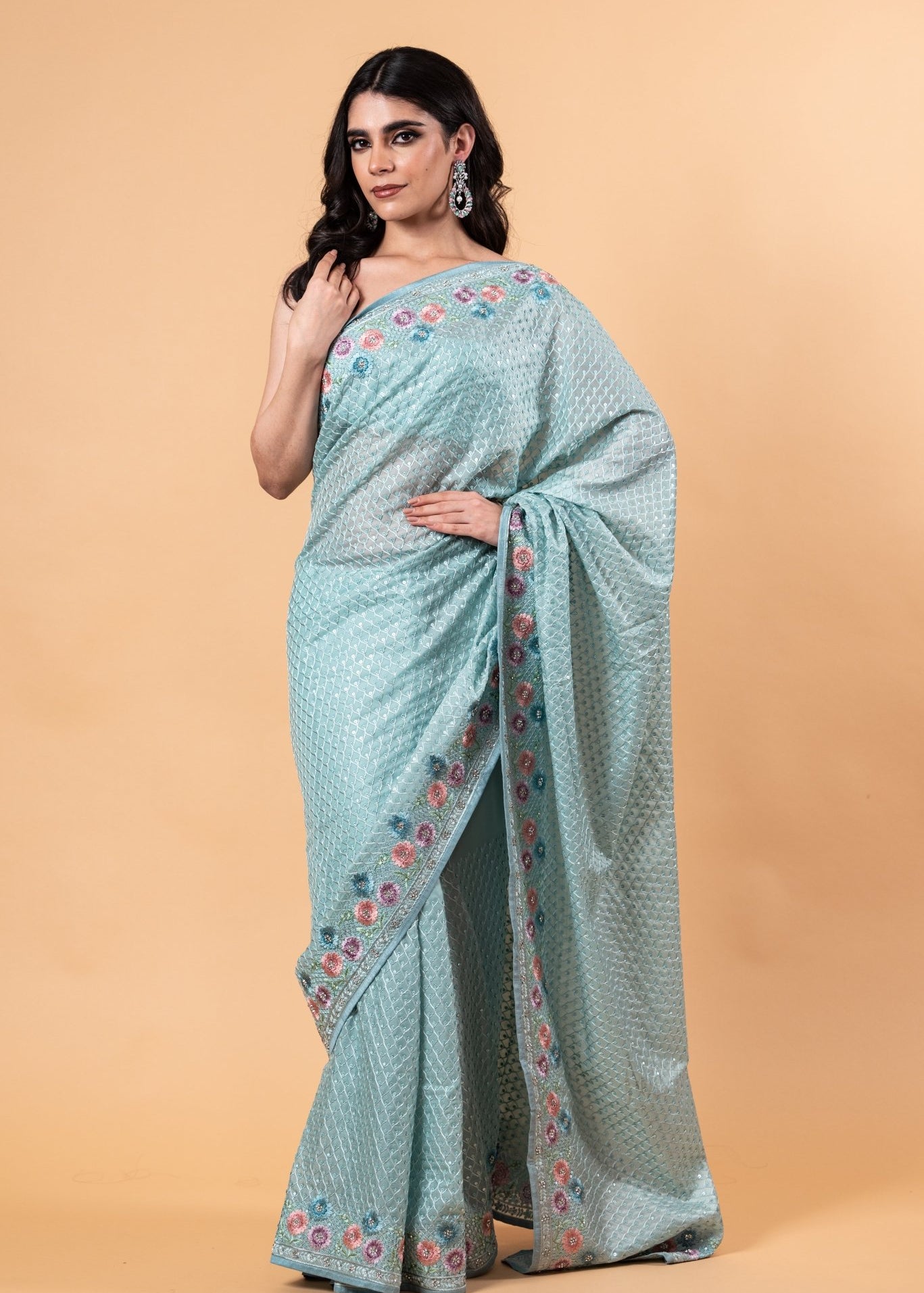 Light Blue Designer Silk Saree with all over Floral Motif embroidery and Jaal work -Anvi Couture