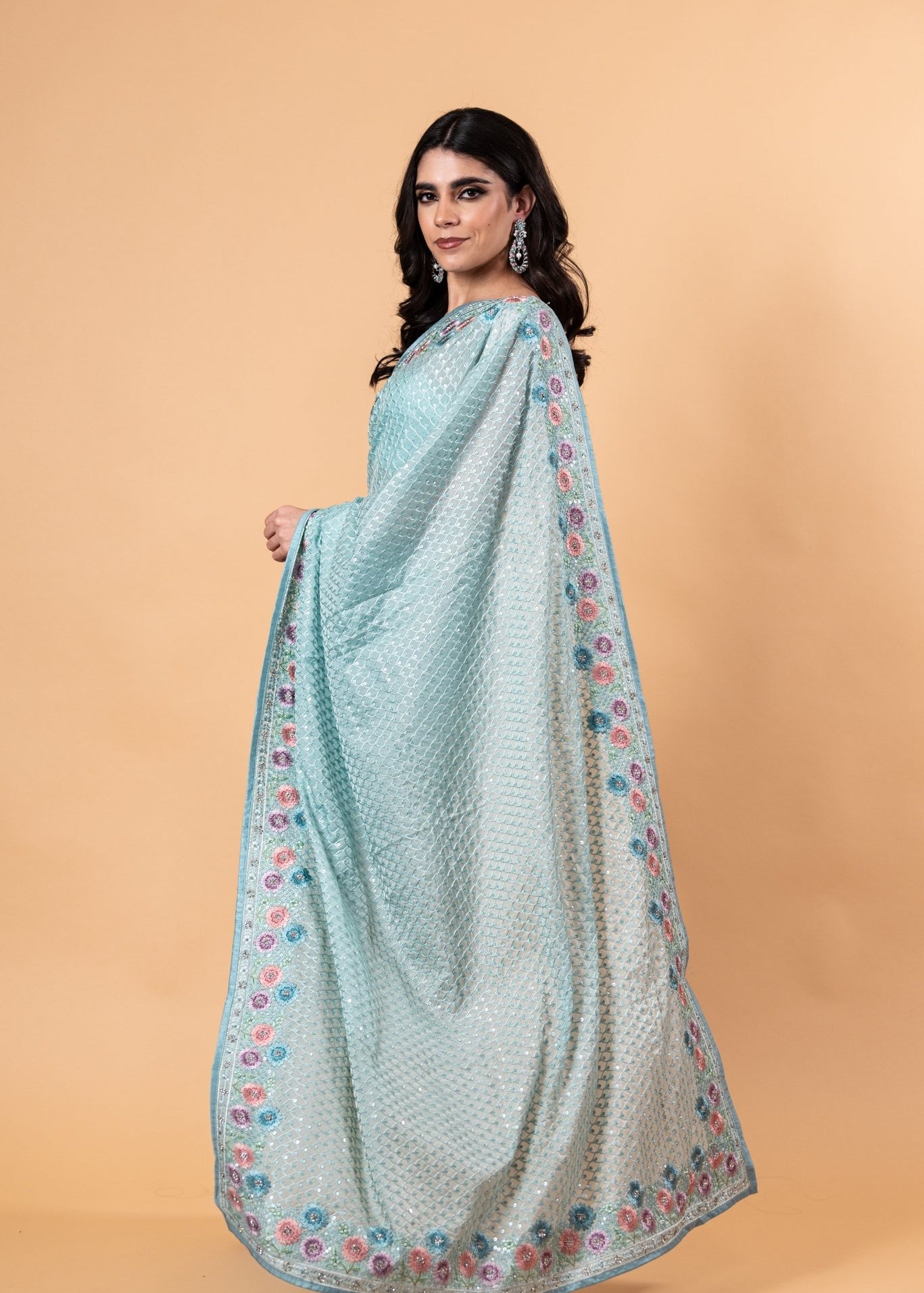 Light Blue Designer Silk Saree with all over Floral Motif embroidery and Jaal work - Anvi Couture