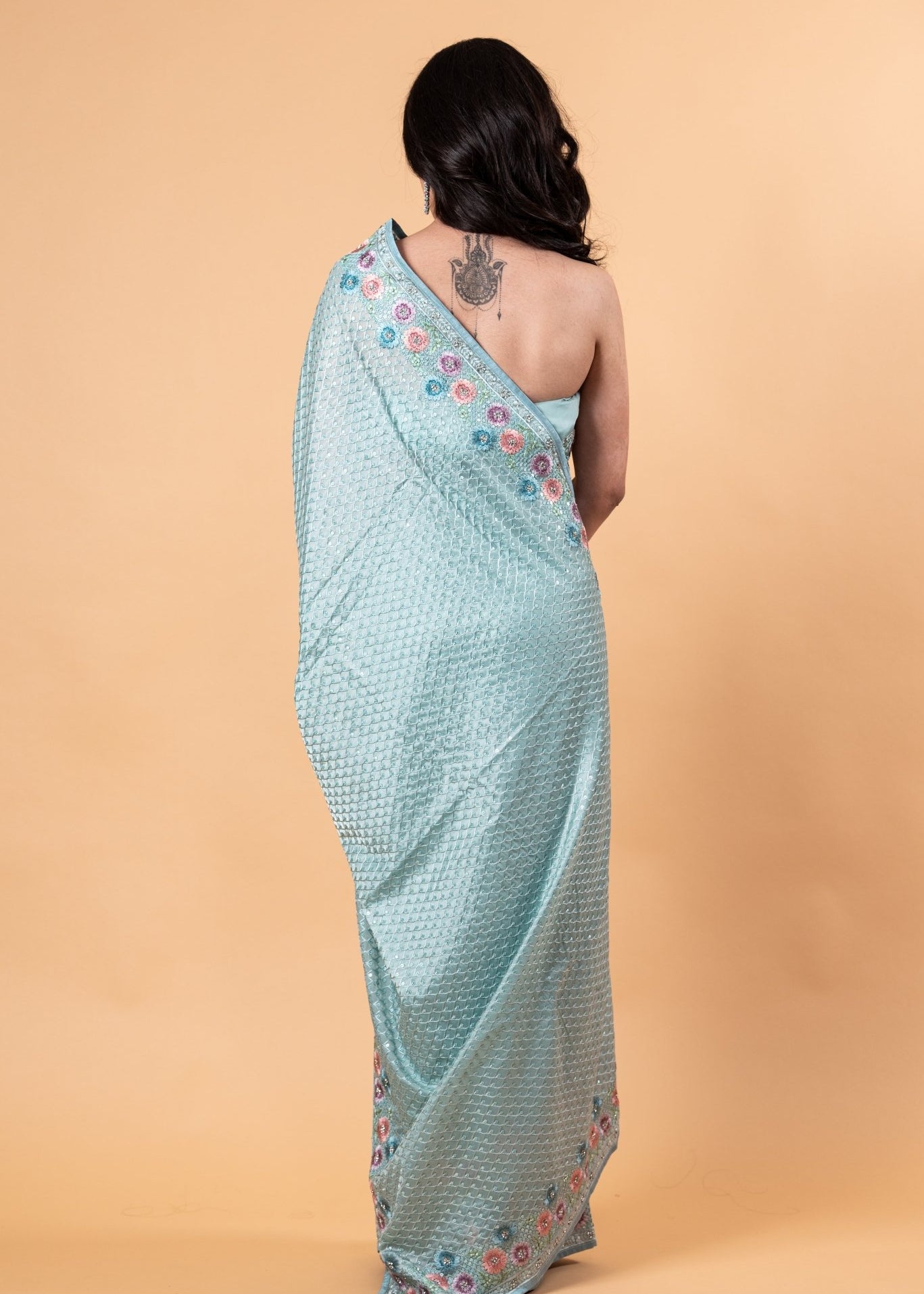 Light Blue Designer Silk Saree with all over Floral Motif embroidery and Jaal work -Anvi Couture