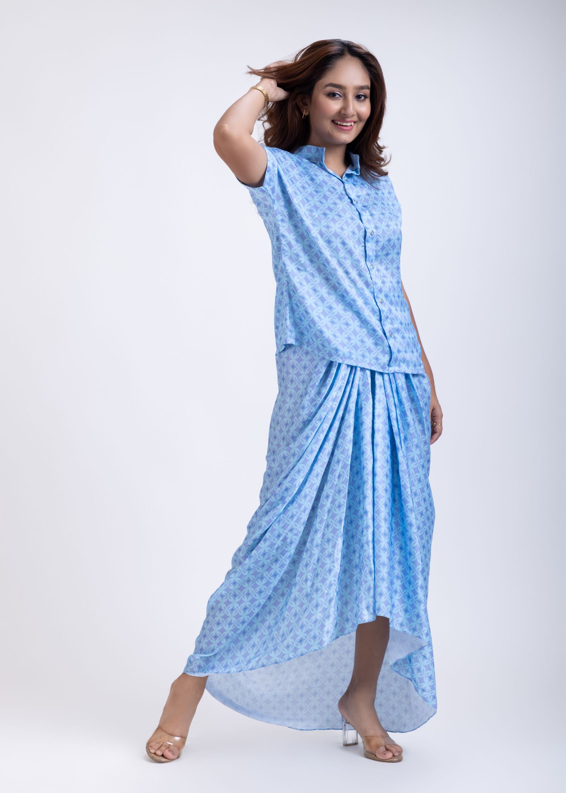 Light Blue Drape Skirt Set Front