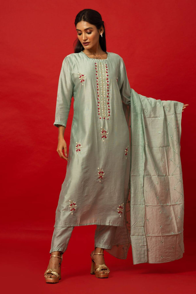Light Blue Embroidery Work Silk Kurti Set