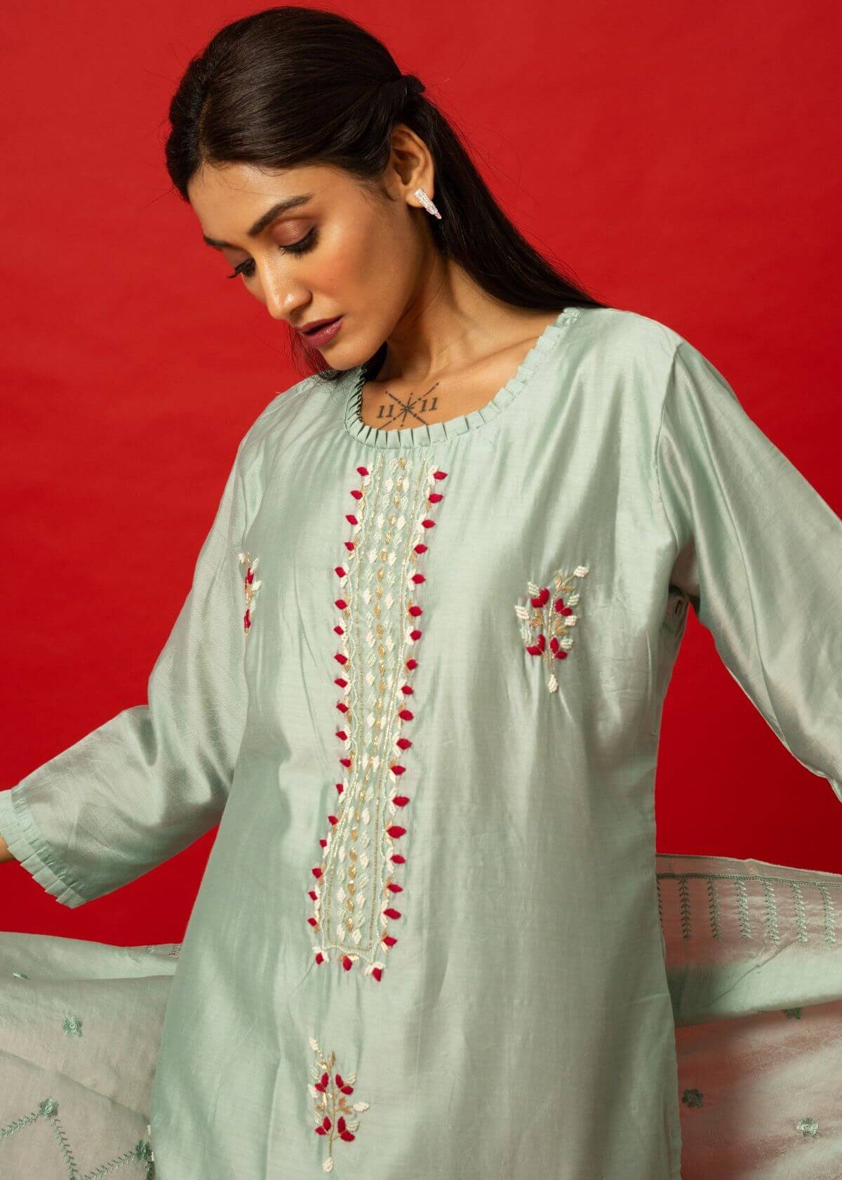 Designer Light Blue Embroidered Silk Kurti with Matching Pants and Dupatta