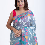 Light Blue Floral Handloom Jamdani Saree with Woven Details Close Up