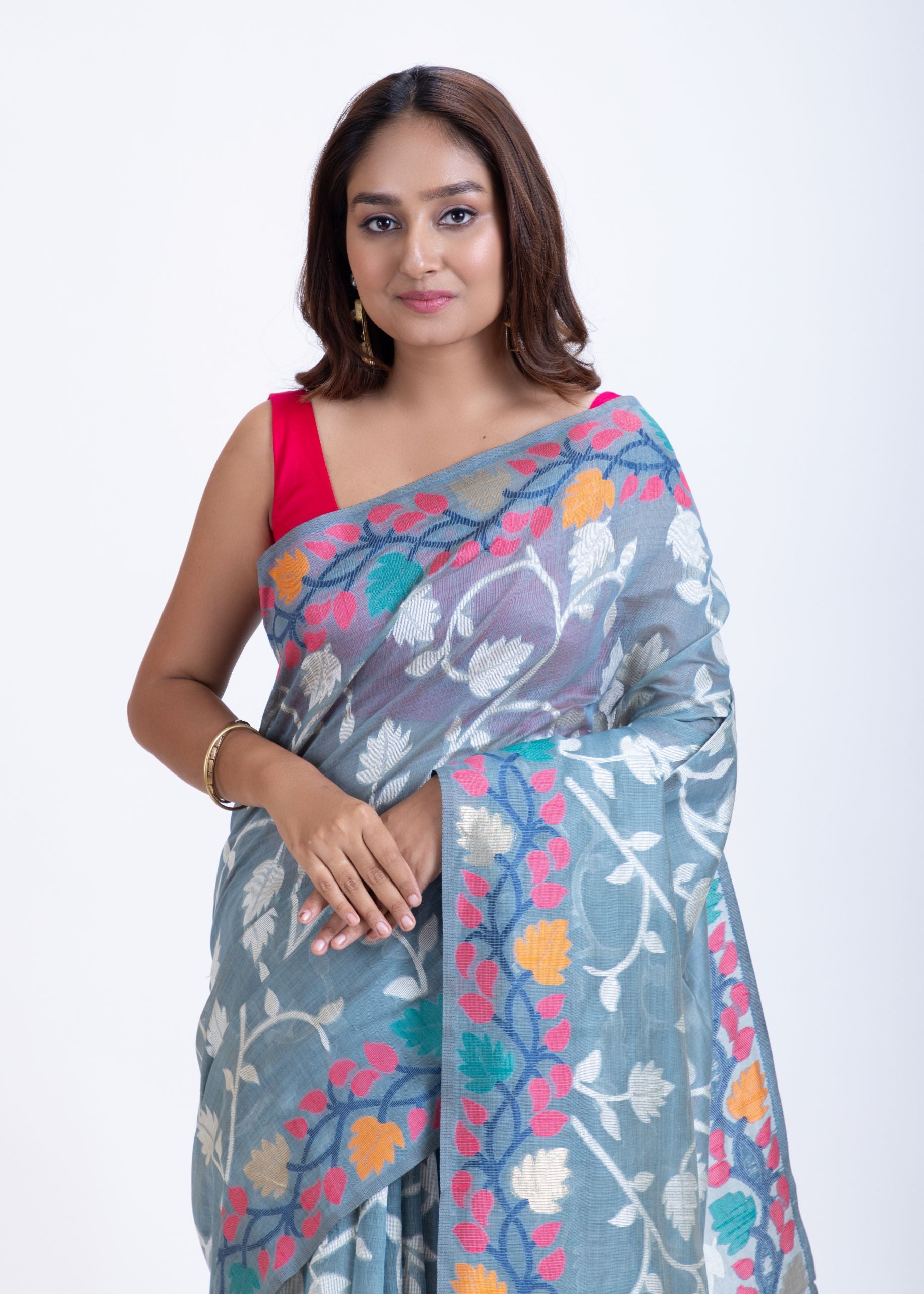 Light Blue Floral Handloom Jamdani Saree with Woven Details Close Up