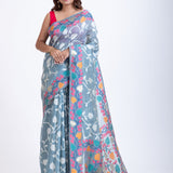 Light Blue Floral Handloom Jamdani Saree with Woven Details Full
