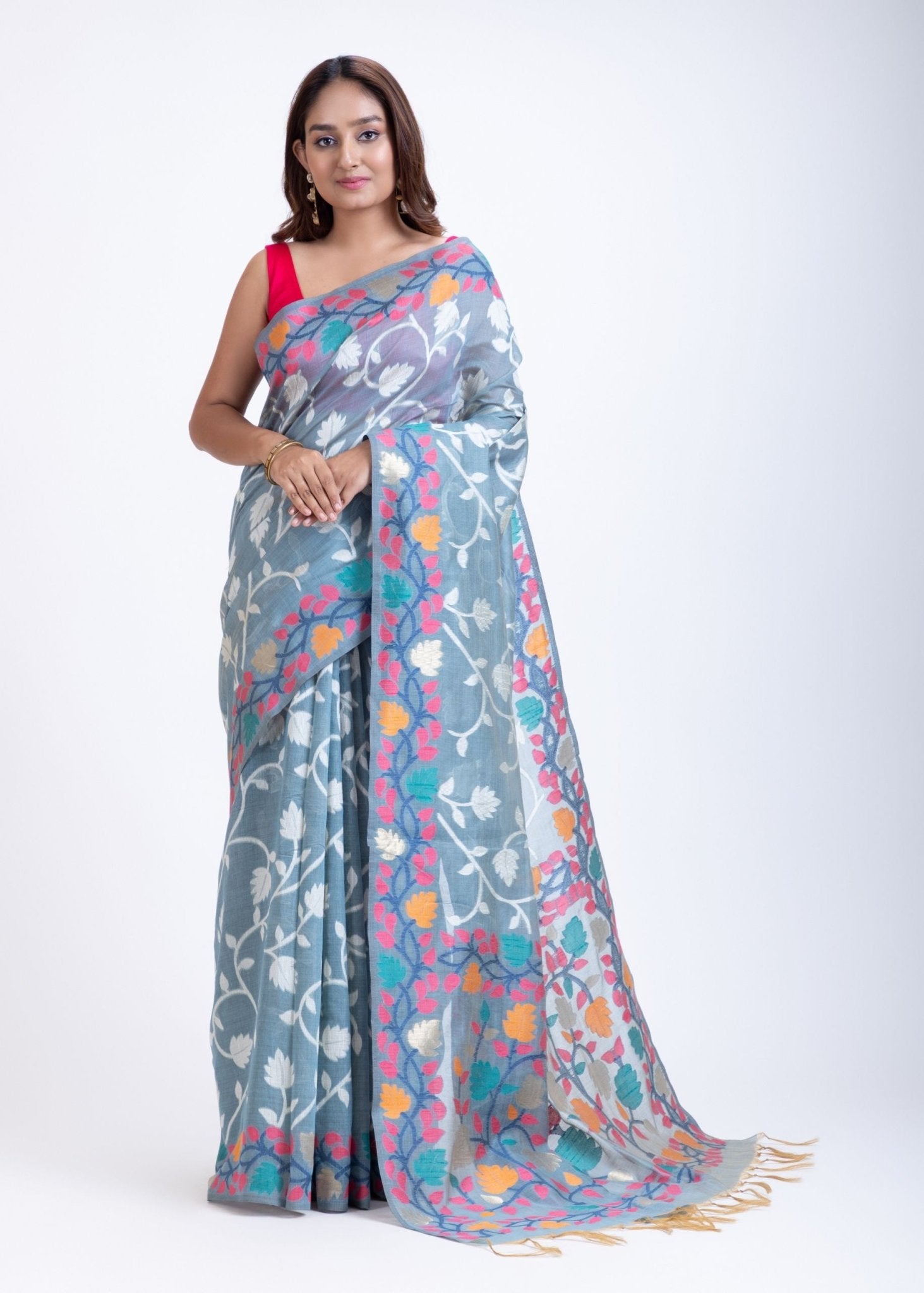 Light Blue Floral Handloom Jamdani Saree with Woven Details - Anvi Couture