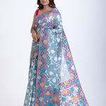 Light Blue Floral Handloom Jamdani Saree with Woven Details Front