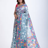 Light Blue Floral Handloom Jamdani Saree with Woven Details Front