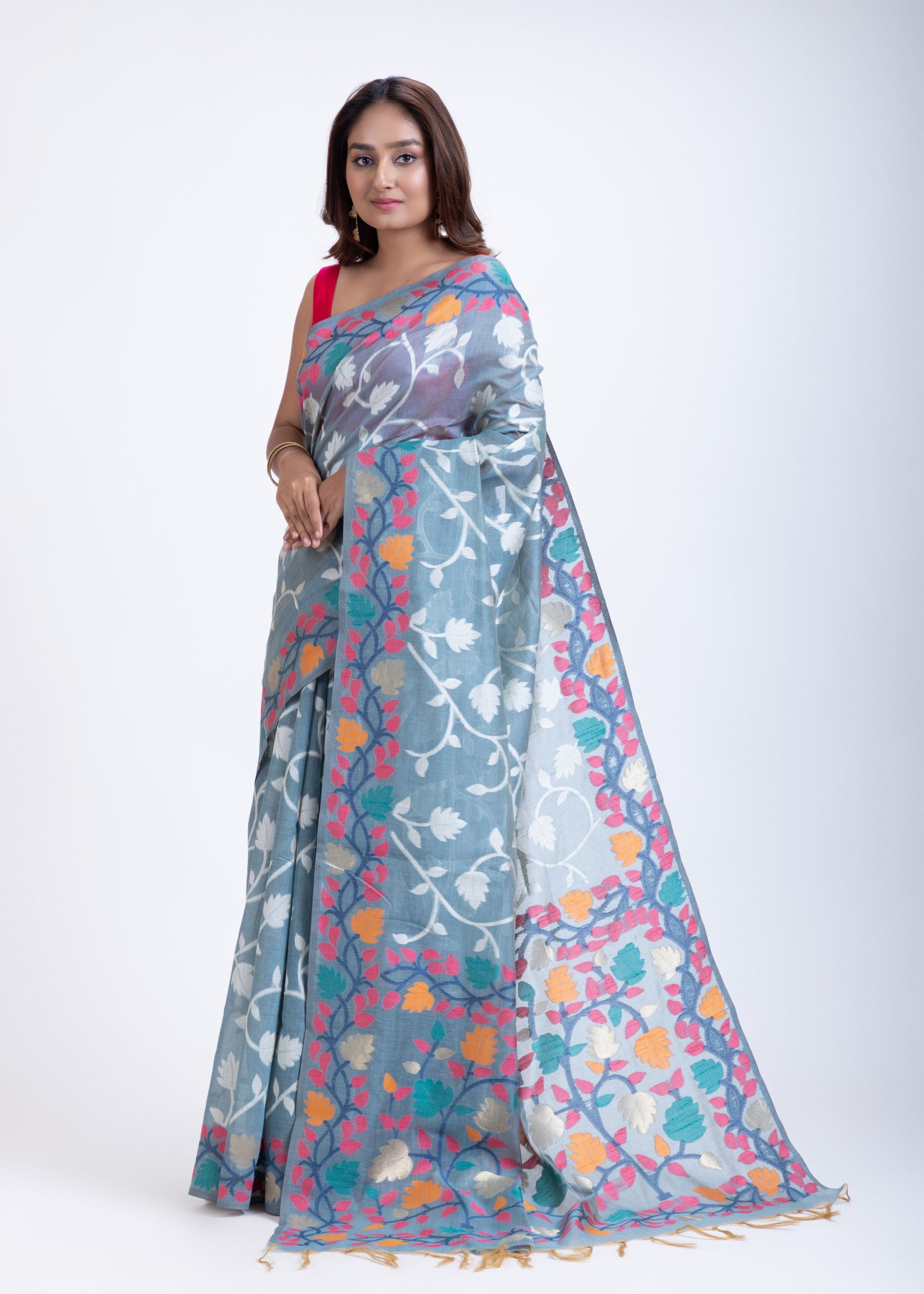 Light Blue Floral Handloom Jamdani Saree with Woven Details Front