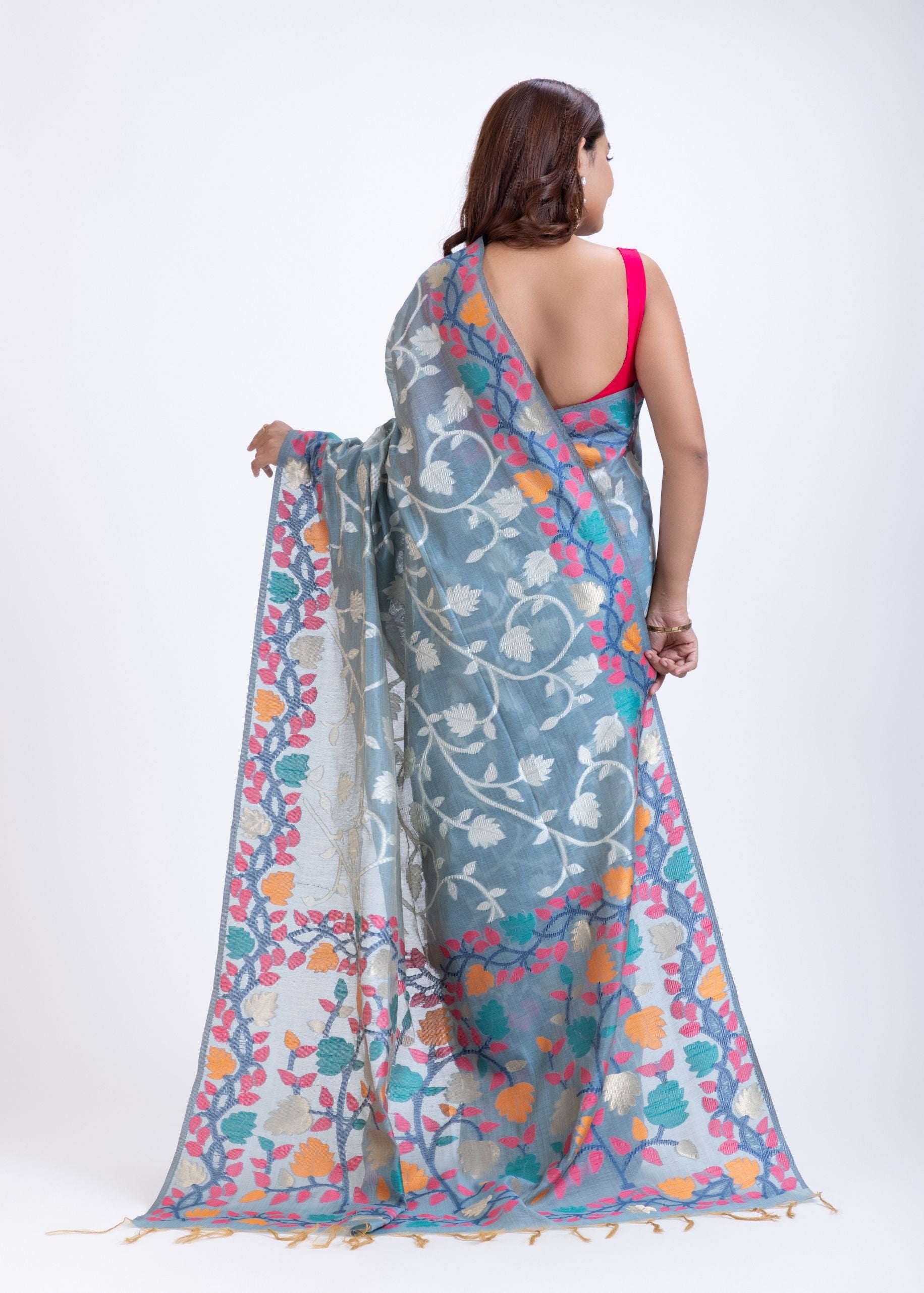Light Blue Floral Handloom Jamdani Saree with Woven Details Back