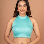 Light Blue Halter Neck Cotton Blouse With Back Closer - Anvi Couture