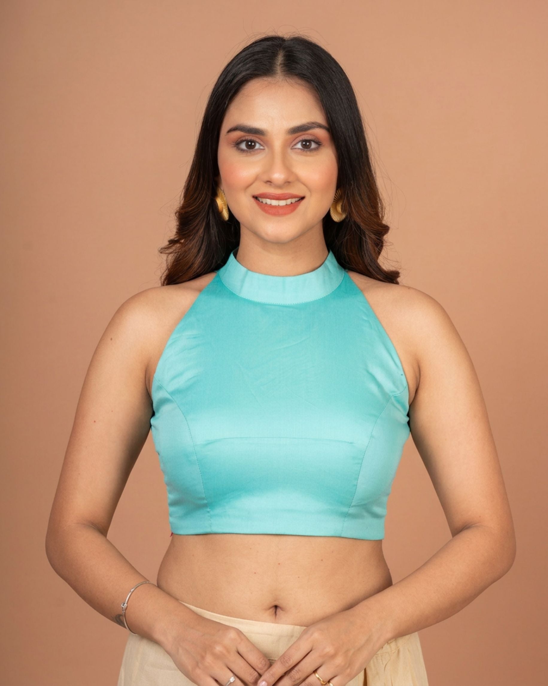 Light Blue Halter Neck Cotton Blouse With Back Closer - Anvi Couture