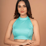 Light Blue Halter Neck Cotton Blouse With Back Closer - Anvi Couture