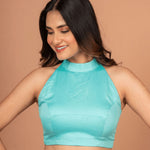 Light Blue Halter Neck Cotton Blouse With Back Closer - Anvi Couture