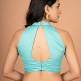 Light Blue Halter Neck Cotton Blouse With Back Closer - Anvi Couture