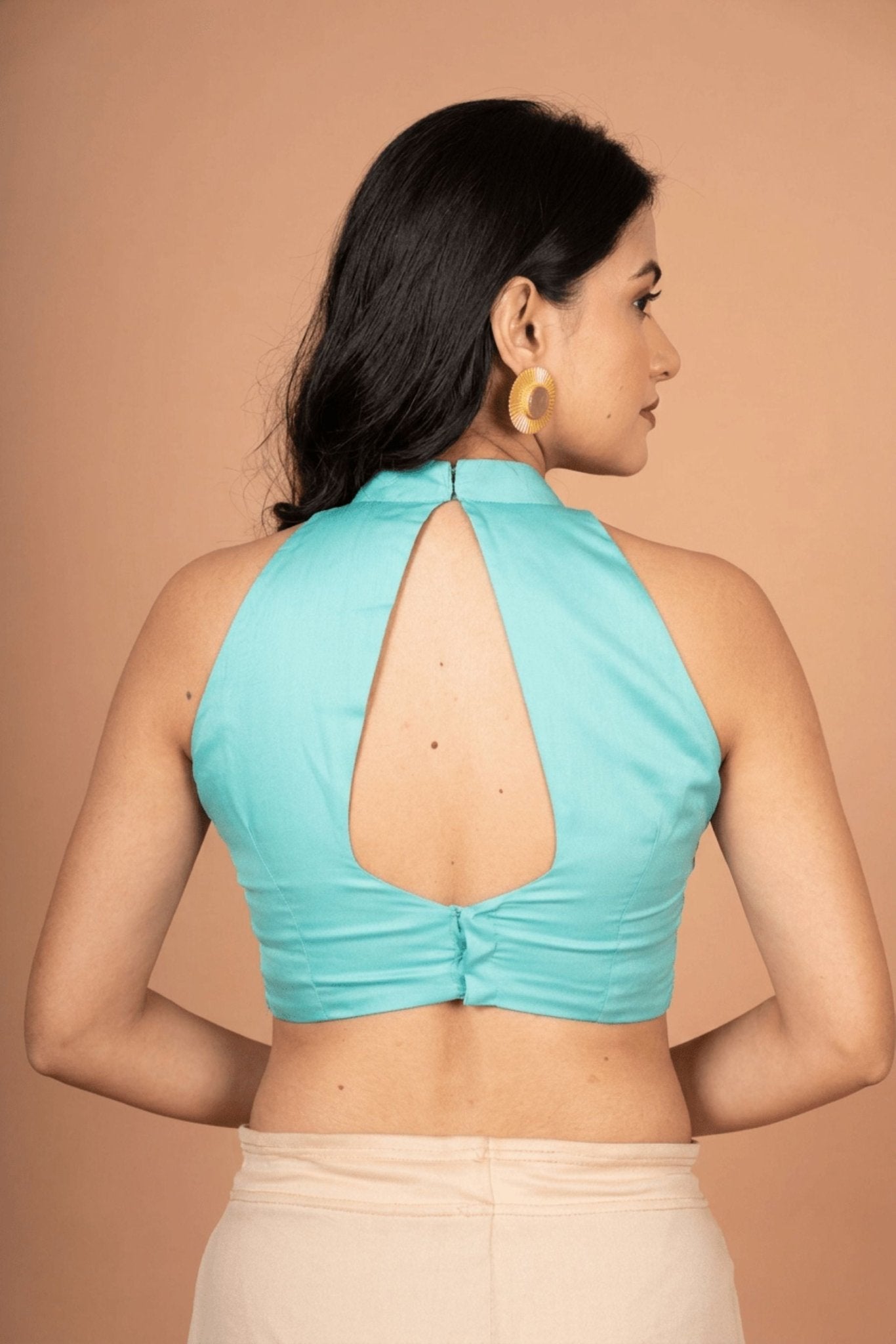 Light Blue Halter Neck Cotton Blouse With Back Closer - Anvi Couture