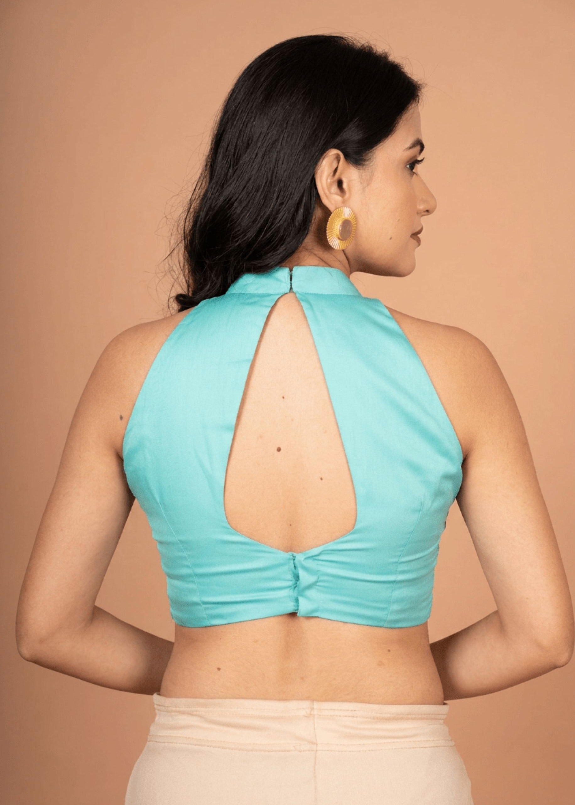 Light Blue Halter Neck Cotton Blouse With Back Closer Back